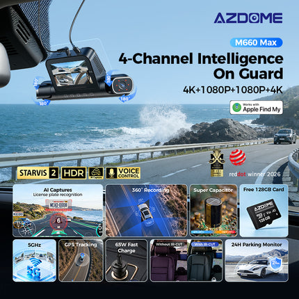 <tc>AZDome</tc> M660 Max 4-kanals 128 GB 4K Wi-Fi GPS 360-graders bilkamera
