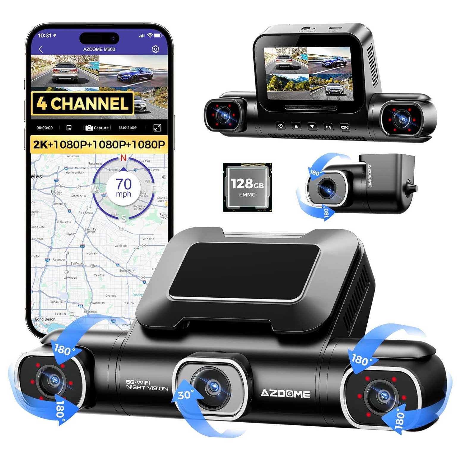 AZDome M660 4CH 128gb 2K Wifi GPS 360-graders dashcam