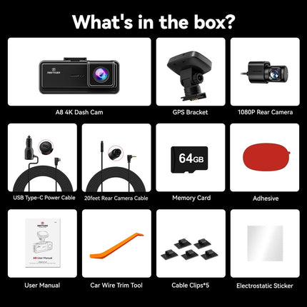 Redtiger A8 2CH 4K Touch Wifi GPS 2CH 64gb dashcam