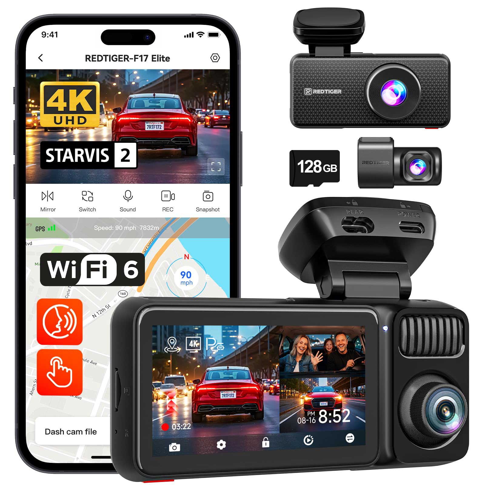 <tc>Redtiger F17 Elite 3CH 4K Wifi GPS 128gb dashcam</tc>