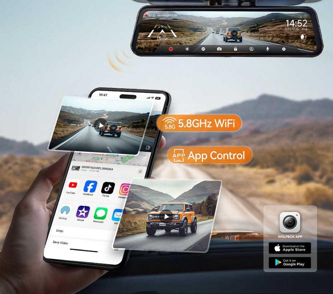 Wolfbox G900 Tripro cabin 3CH 4K Wifi GPS 256gb Mirror dashcam